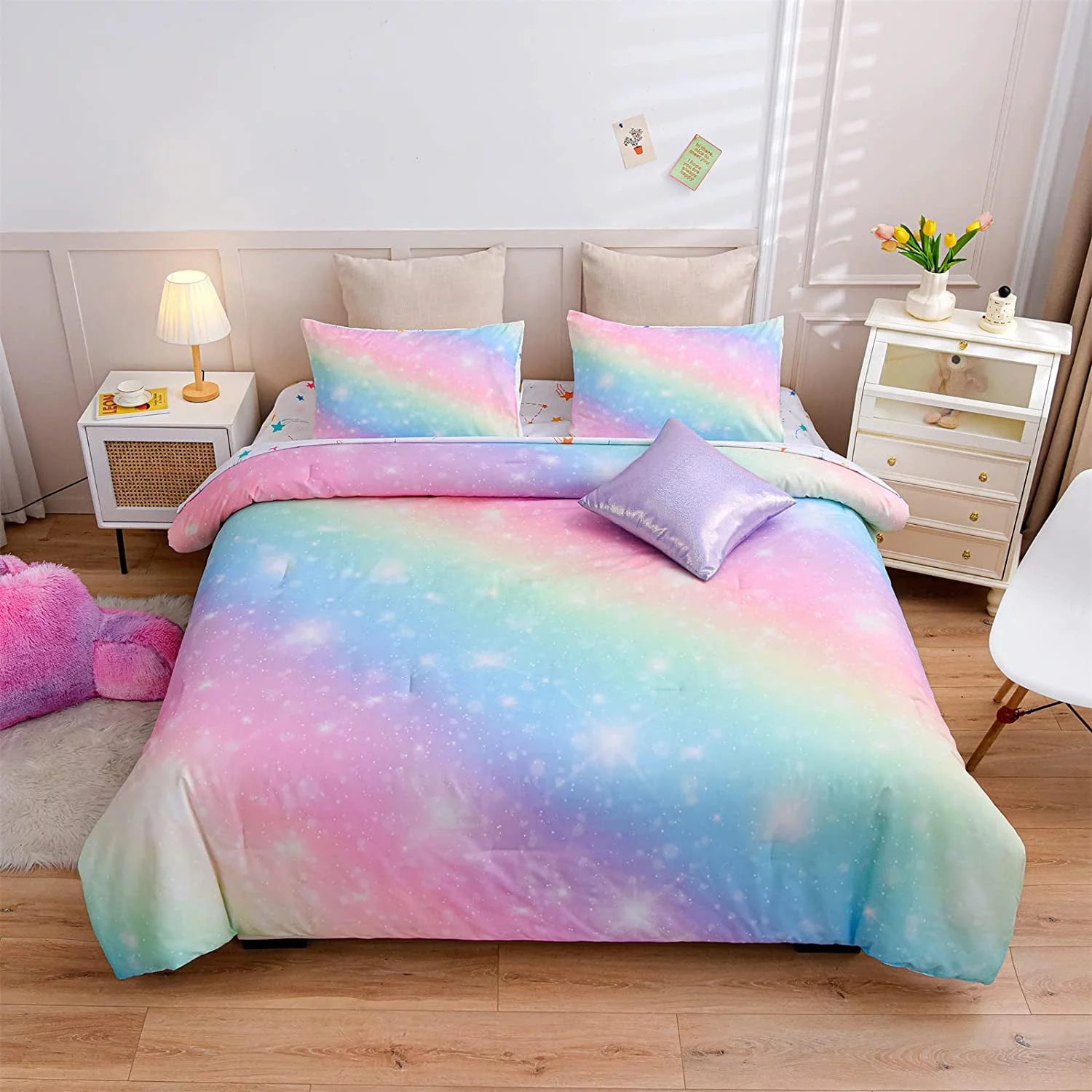 NTBED Gradient Glitter Bedding Set for Girls Twin Size Colorful Rainbow Galaxy Comforter Set Pink 6Pcs Bed in a Bag