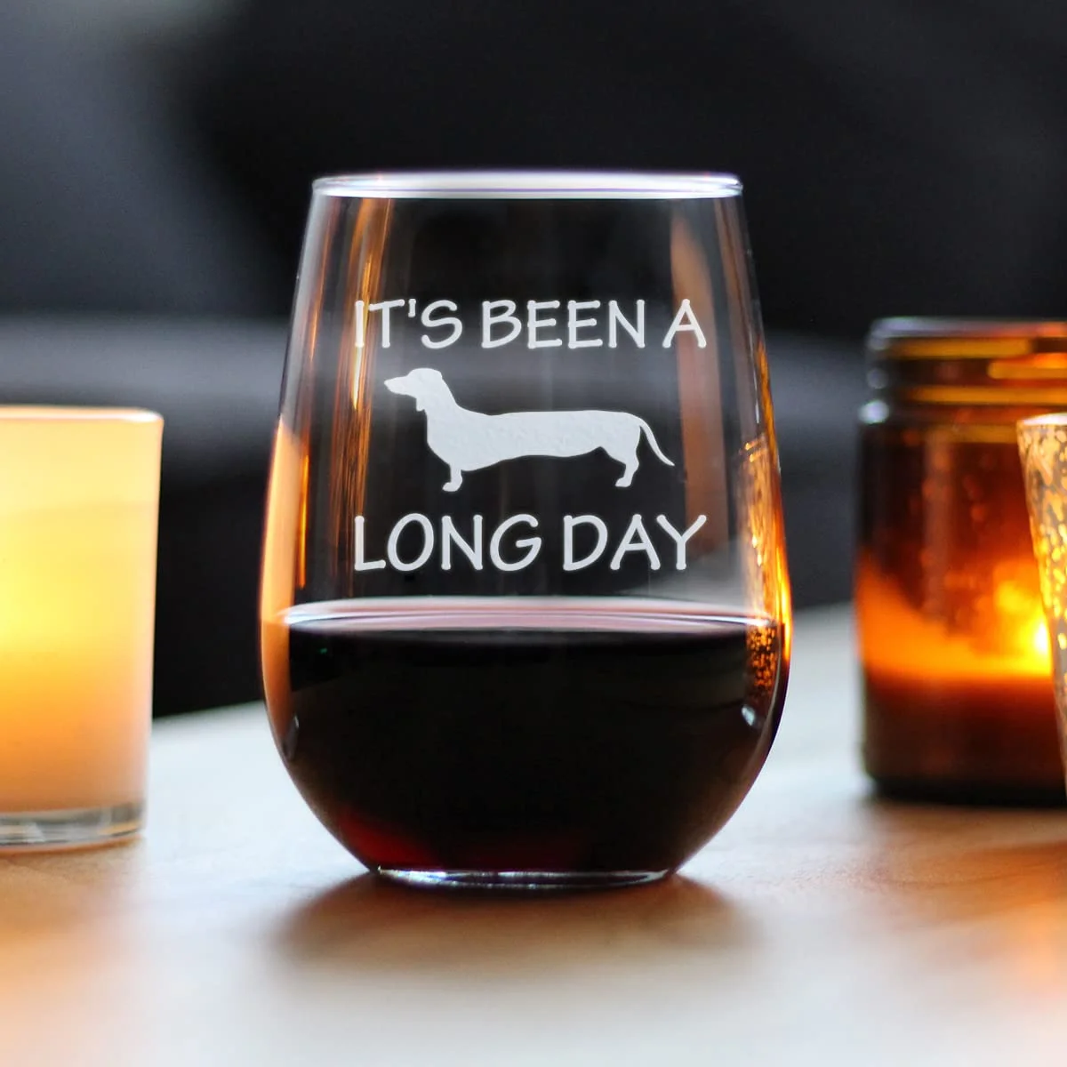 Long Day – Cute Funny Dachshund Stemless Wine Glass, Large Glasses, Etched Sayings, Gift Box