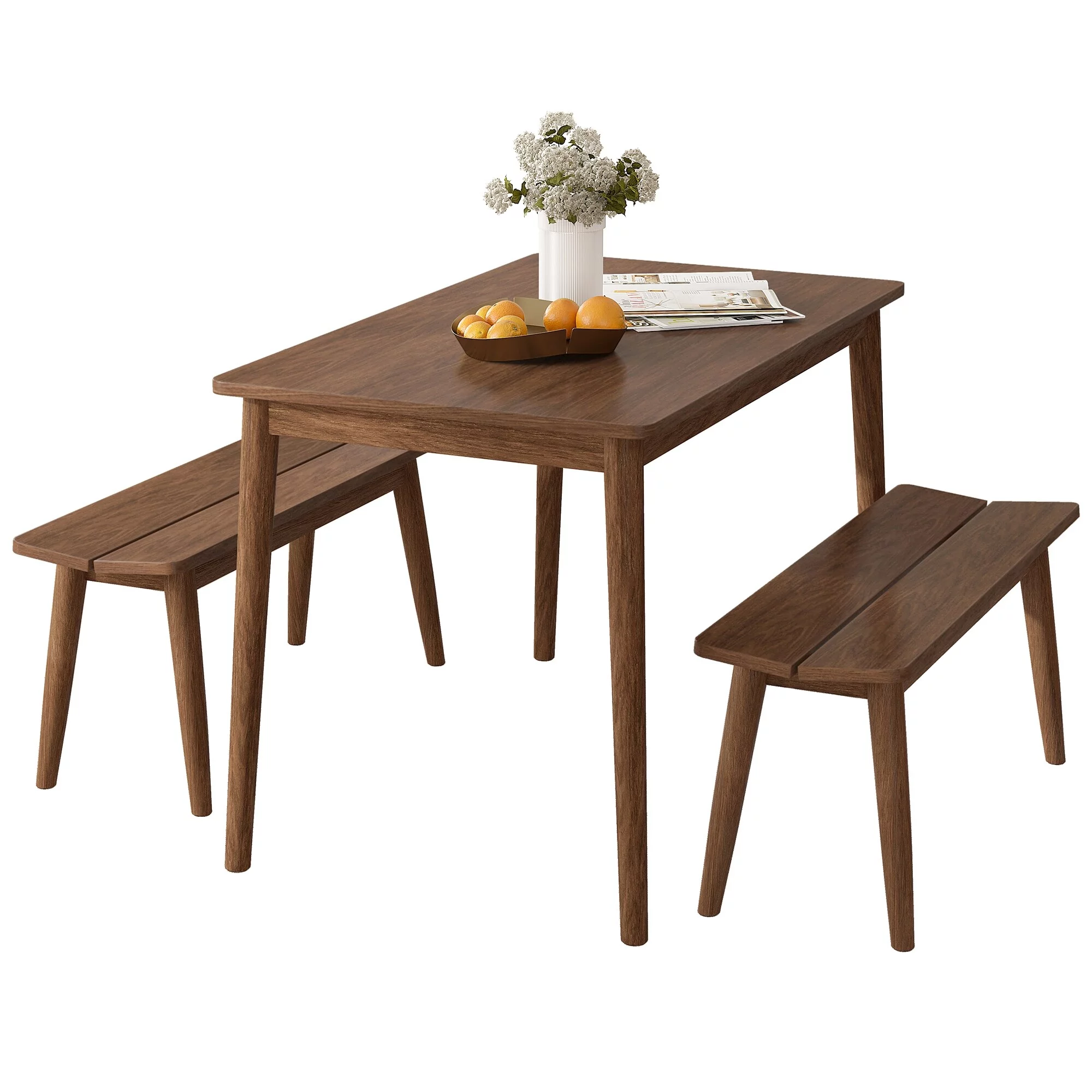 3pcs Wooden Dining Table Set with 2 Benches