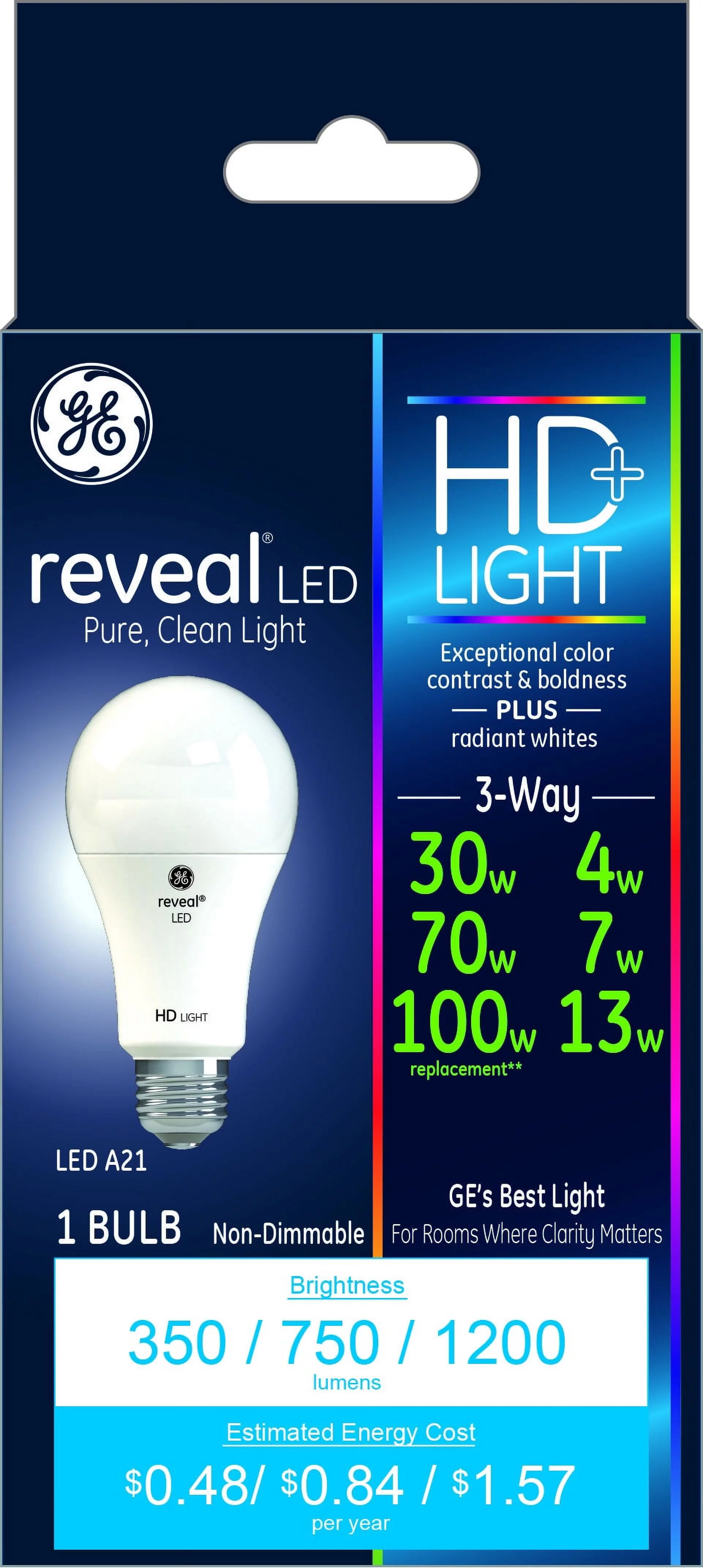 GE LED 4/7/13W (30/70/100W Equivalent) High Definition Reveal Color, A21 General Purpose 3-Way Light Bulb, Medium Base, 1pk