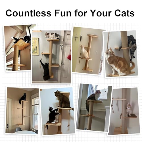 FUKUMARU Cat Scratching Activity Tree Wall Mounted, 50 Inch Cats Scratch Post, with Kitten Bed, Rubber Wood Scratcher Posts, Large