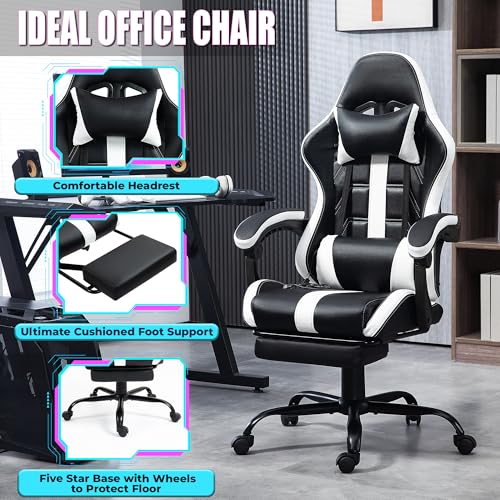 Massage Gaming Chair w/Footrest, Ergonomic High Back PC Chair w/Headrest and Lumbar, PU Swivel Home Desk Office Chair, Black
