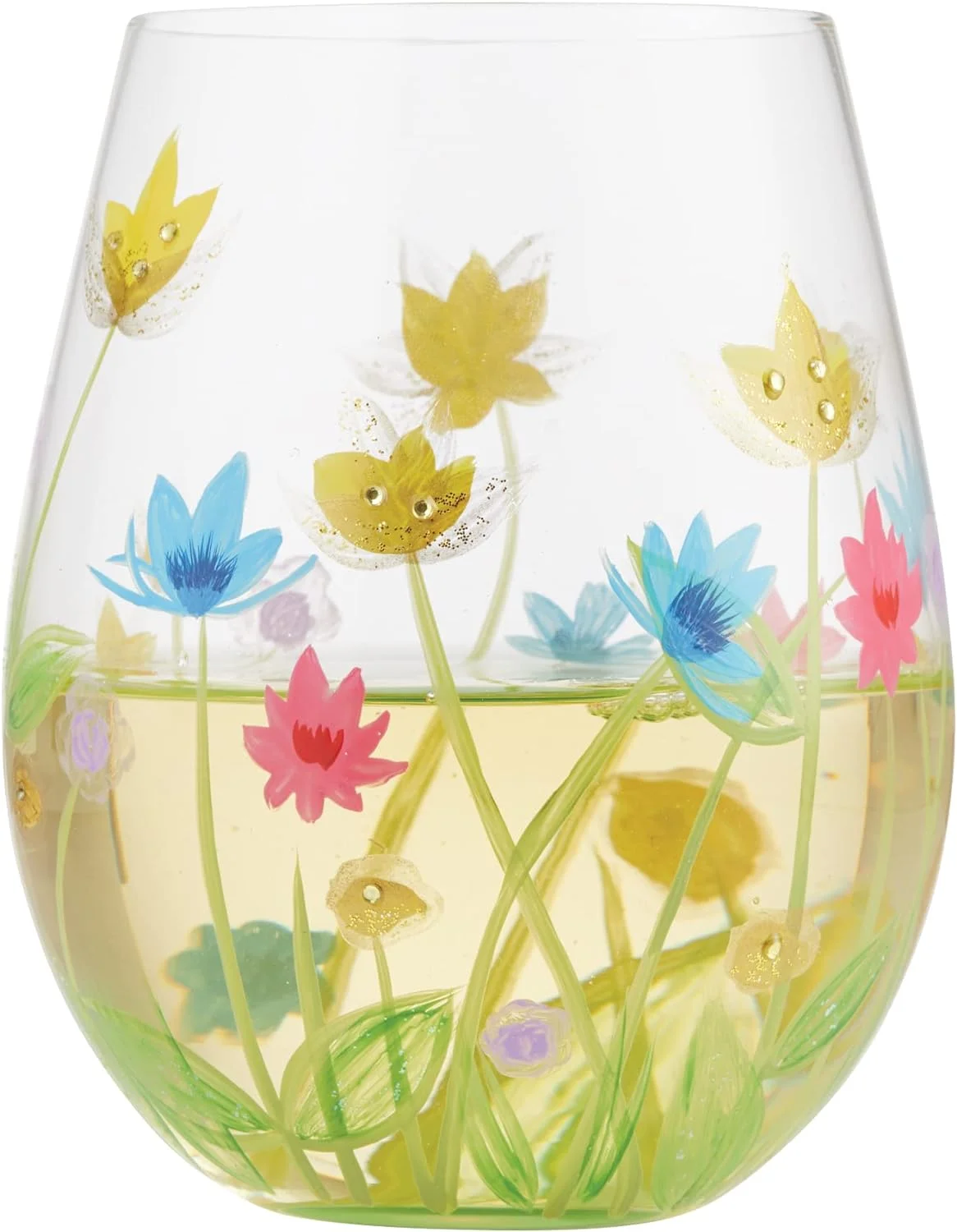 Designs By Field Of Dreams Floral Hand-Painted Artisan Stemless Wine Glass, 20 Ounce, Multicolor