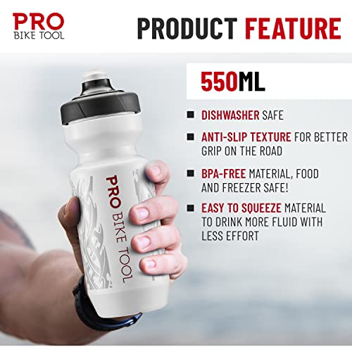 PRO BIKE TOOL Bike Water Bottle 550 ml 19 oz -for All Fitness and Cycling - Soft Silicone Mouthpiece – Fast Flow Valve - Easy Squeeze Bidon