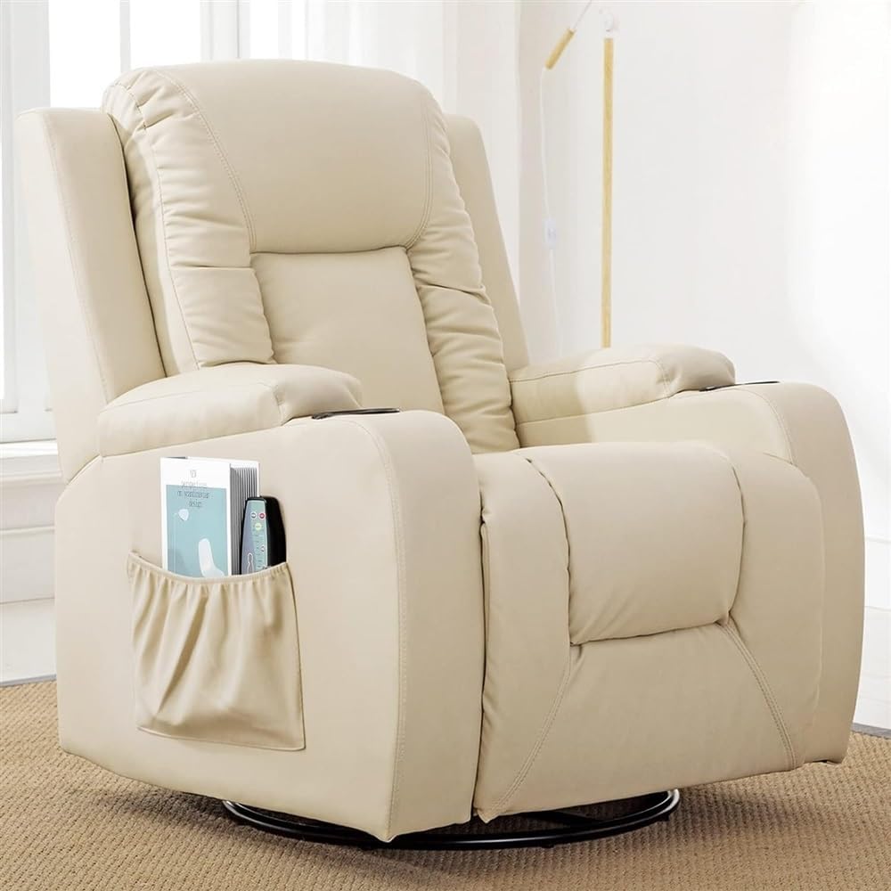Deluxe Lazy Boy Recliner Chair Massage Rocker with Heated PU Leather - Ergonomic Lounge 360 Degree Swivel Sofa Seat with Drink Holders - Living Room Chair Cream - Relax in Ultimate Comfort