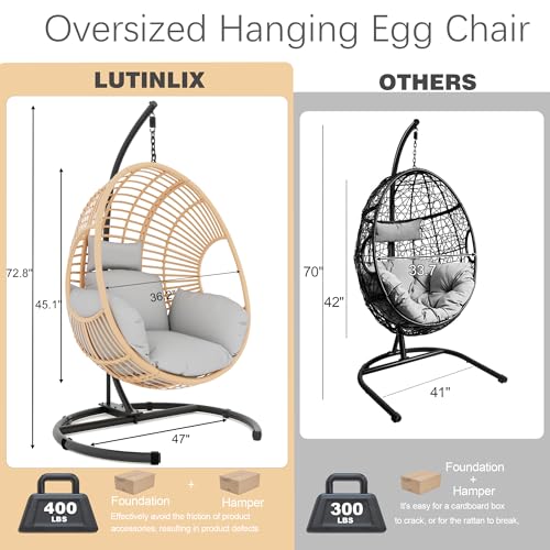 Oversized Hanging Egg Chair Outdoor Indoor, Wicker Swing Egg Chair with Stand 400lbs Capacity for Bedroom, Patio, Garden and Balcony (Beige-nest, Oversize)