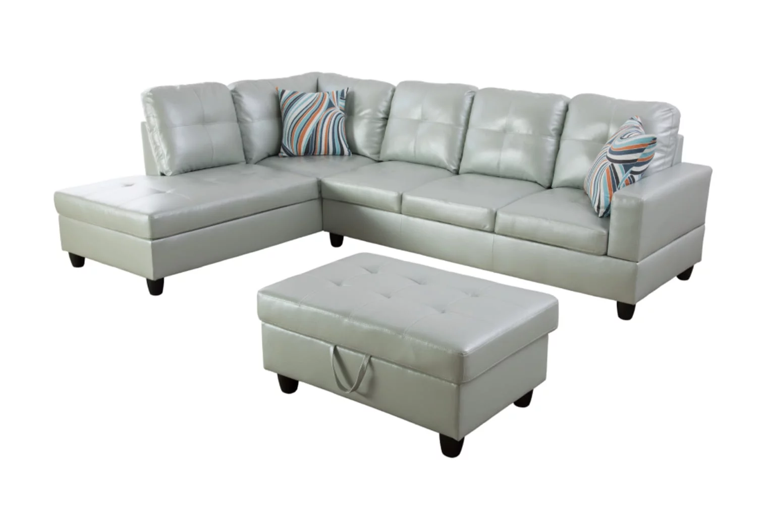 Pon Living Furniture L-Shaped Sectional Sofa Set, Silver Green Leather Living Room Sets in Home, with Storage Ottoman and Matching Pillows Left Hand Facing