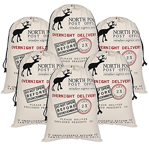 Inspireyee 6 Pack Large Christmas Bag Santa Sacks Xmas Canvas Cotton Xmas Sack Stocking with Drawstrings (Pattern 6, 19.5 X 27.5)