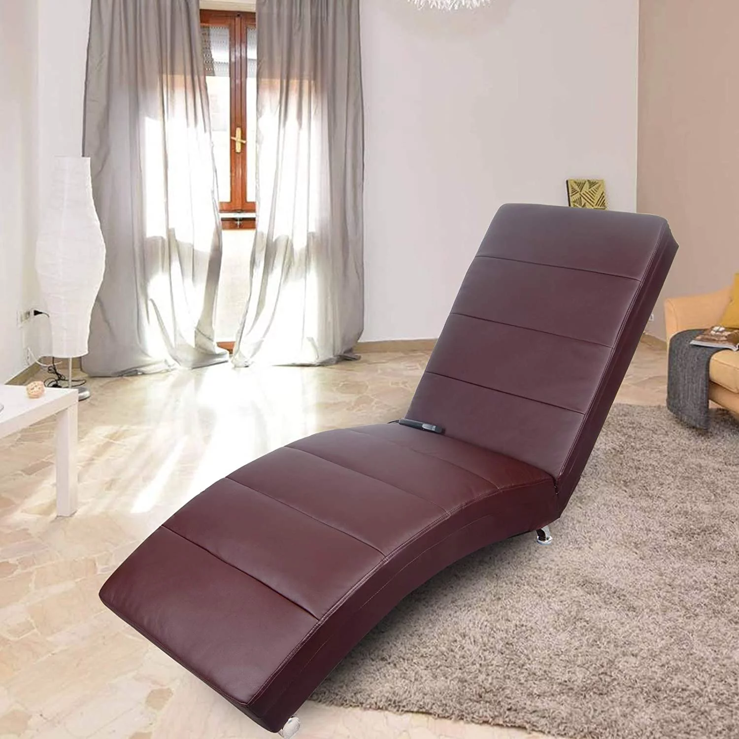 Massage Chaise Lounge - PU Leather Ergonomic Electric Vibrating Recliner Chair with Heating, Side Pocket,Brown