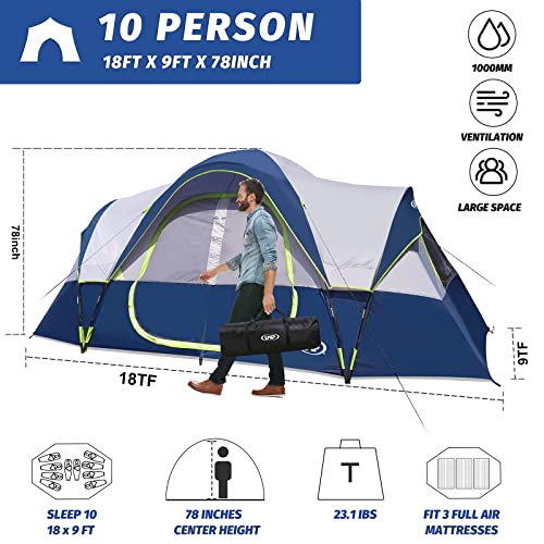 UNP Camping Tent 10-Person-Family Tents, Parties, Music Festival Tent, Big, Easy Up, 5 Large Mesh Windows, Double Layer, 2 Room, Waterproof, Weather Resistant, 18ft x 9ft x78in