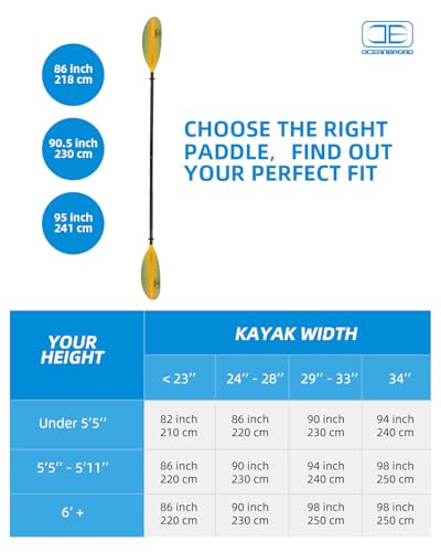 OCEANBROAD Kayak Paddle 86in/218cm, 90.5in/230cm, 95in/241cm Alloy Shaft Kayaking Boating Canoeing Oar with Paddle Leash