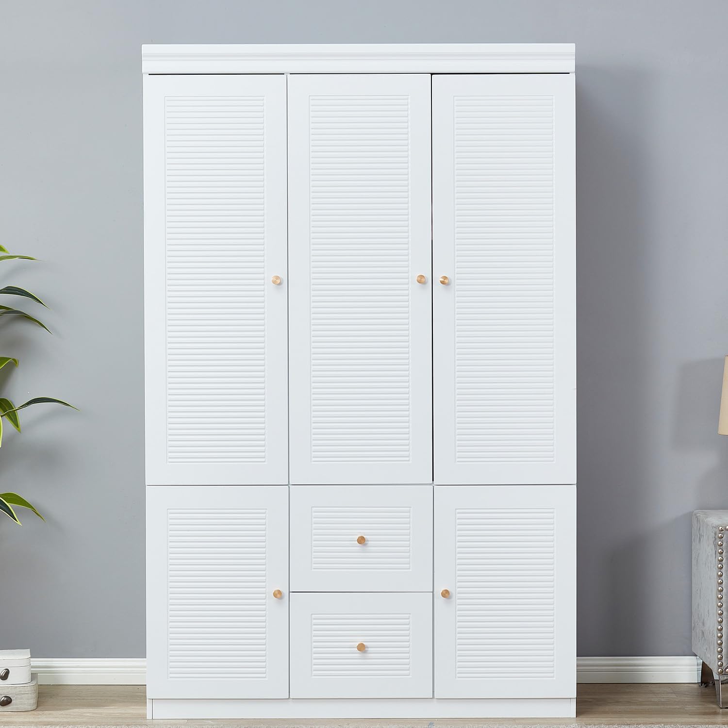 3 Door Armoire Wardrobe Closet, Wooden 2 Drawers White Closet Cabinet for Large Capacity with Hanging Rod and 5 Storage for Tall Cabinet Closet 47.3