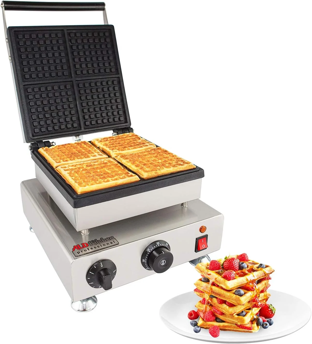 Waffle Iron | Press Type | Belgian Waffle Maker | Professional Use | Stainless Steel | Nonstick | 110V (4 X Squares)