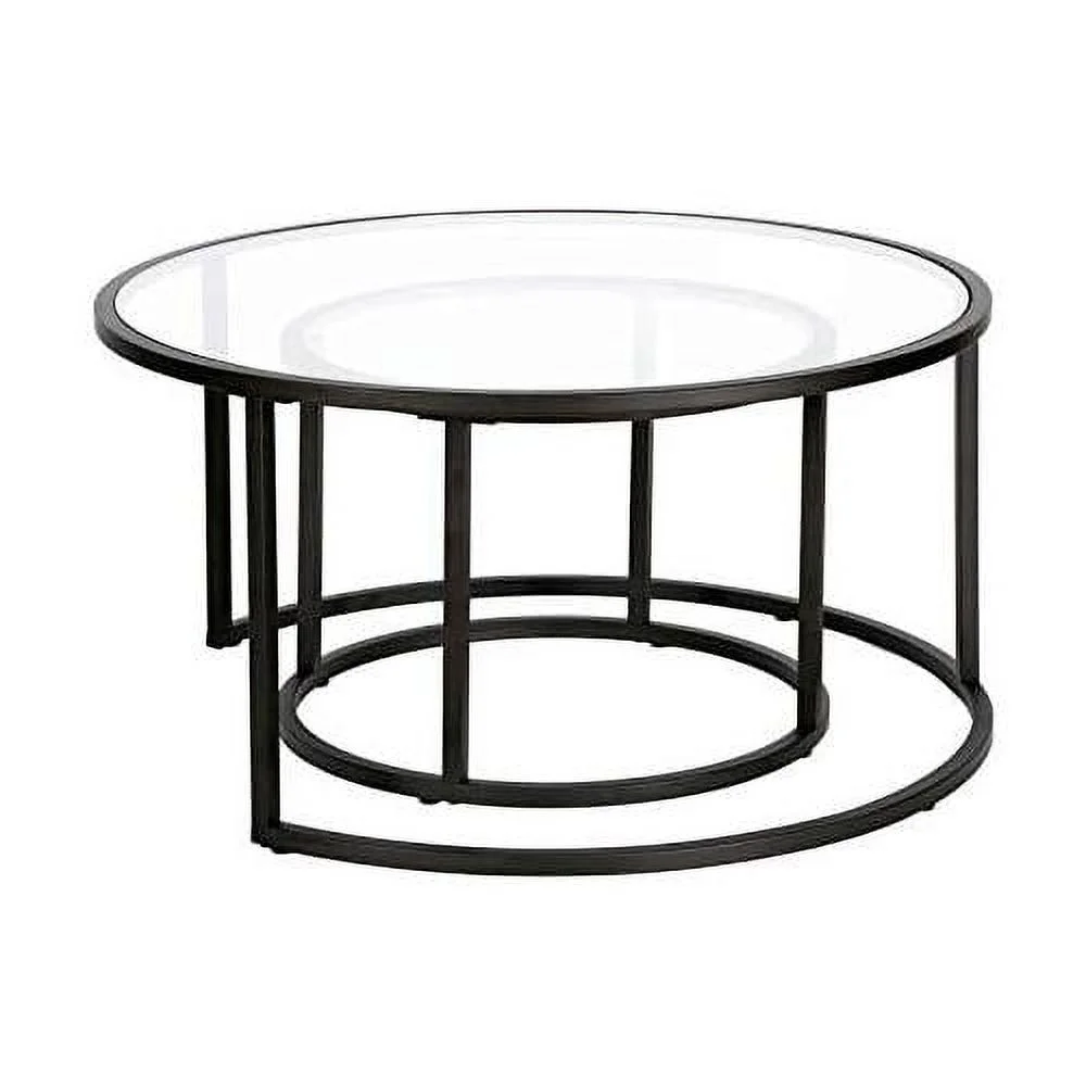 Metal Double Nested Round Coffee Table In Black With Glass Top