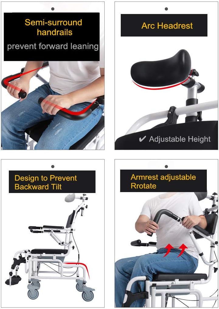 Nurth Tilt-in-Space Reclining Shower/Toilet Commode Chair, with Padded Seat, Back, Armrests. Care 4-in-1 Multifunction Chair, Flip-up Arm and Foot Rests, Commode Pail and Adjustable Headrest