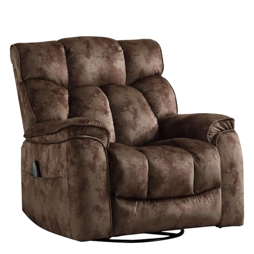 INZOY Massage Swivel Rocker Recliner with Heat and Vibration, Manual Rocking Recliner Chair with Vibrating Massage, Comfy Padded Overstuffed Soft Fabric Heated Recliner, Brown