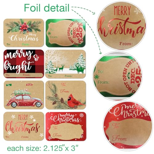 80-Count Foil Christmas Tag Stickers, 8 Jumbo Designs - Xmas to from Christmas Name Tags Write On Labels - Holiday Present Gift Labels