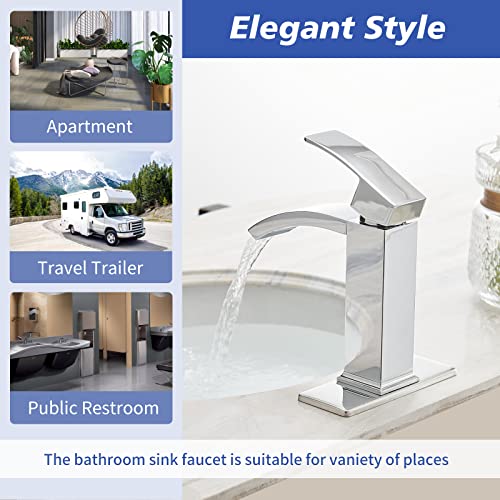 Brushed Nickel Vessel Sink Faucet, Waterfall Bathroom Faucets, Tall Spout Single Handle Single Hole Bathroom Faucets with Pop Up Drain and Without Overflow Basin Faucet Supply Line