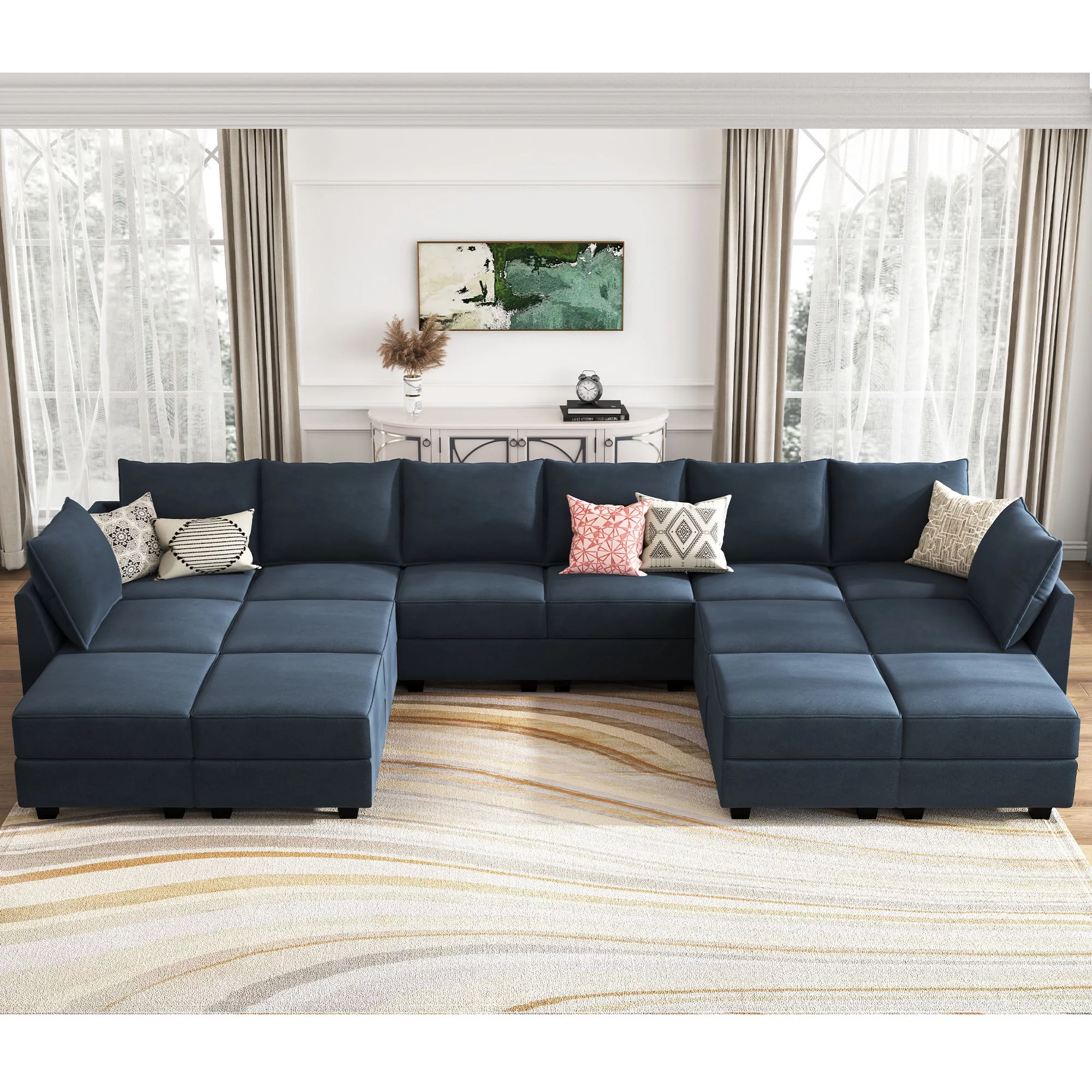 HONBAY Velvet Sectional Sofa Reversible Sleeper Sofa Modular Couch for Apartment, Navy Blue