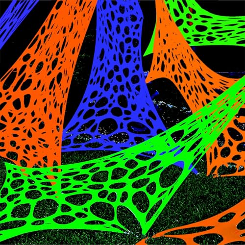 1400 Sqft Glow 3 Color Giant Durable Spider Webs Halloween Decorations Outdoor, Stretchy Beef Netting for Halloween Party Set, with 3 Blacklight (White, Green, Orange,48FT x 4FT)