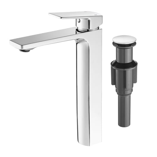 VOTON Vessel Sink Faucet Matte Black Tall Bathroom Faucet Single Handle Vanity Bathroom Sink Faucet 1 Hole Basin Mixer Tap with Water Supply Hose and Pop Up Sink Drain