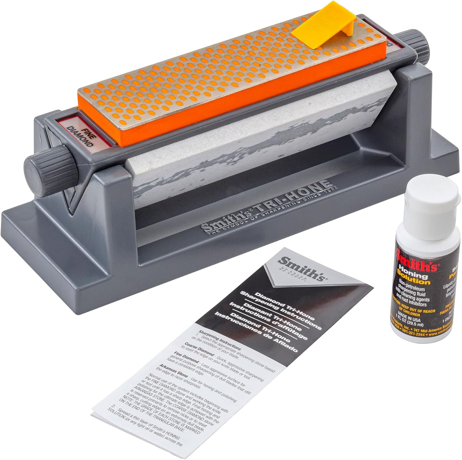 Smith's 50448 6” Diamond Tri-Hone Stone Sharpening System - Grey - Fine, Natural, & Coarse Stones - 3-Way Honing - Nonslip Rubber Feet - Restore Tools, Hunting, Kitchen, Fishing & Pocket Knives