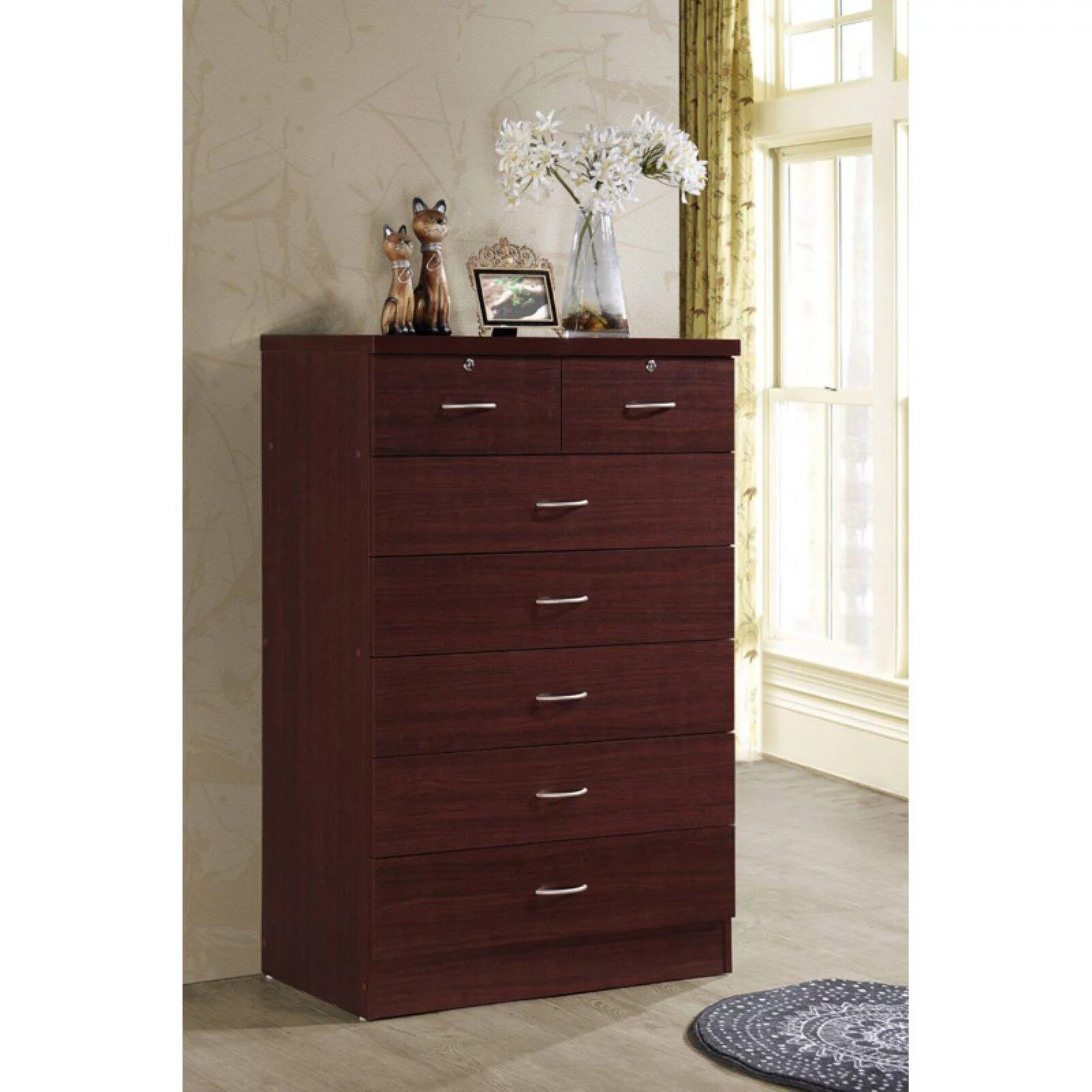 Hodedah 7 Drawer Wooden Jumbo Dresser Chest with 2 Top Locks, Cherry