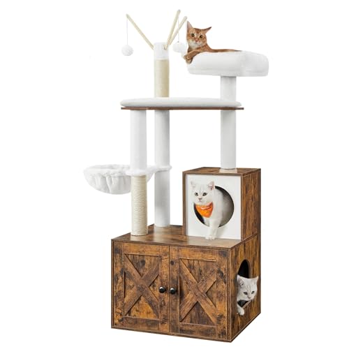 Feandrea Cat Tree with Litter Box Enclosure, 2-in-1 Modern Cat Tower, 55.1-Inch Cat Condo with Scratching Posts, Removable Pompom Sticks, Rustic Brown UPCT113X01