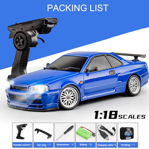 LD1899 1/18 RC Drift Car GTR R34 2.4GHz RWD with Gyroscope on-Road Alloy Body Shell Racing Cars Radio Control (Blue)