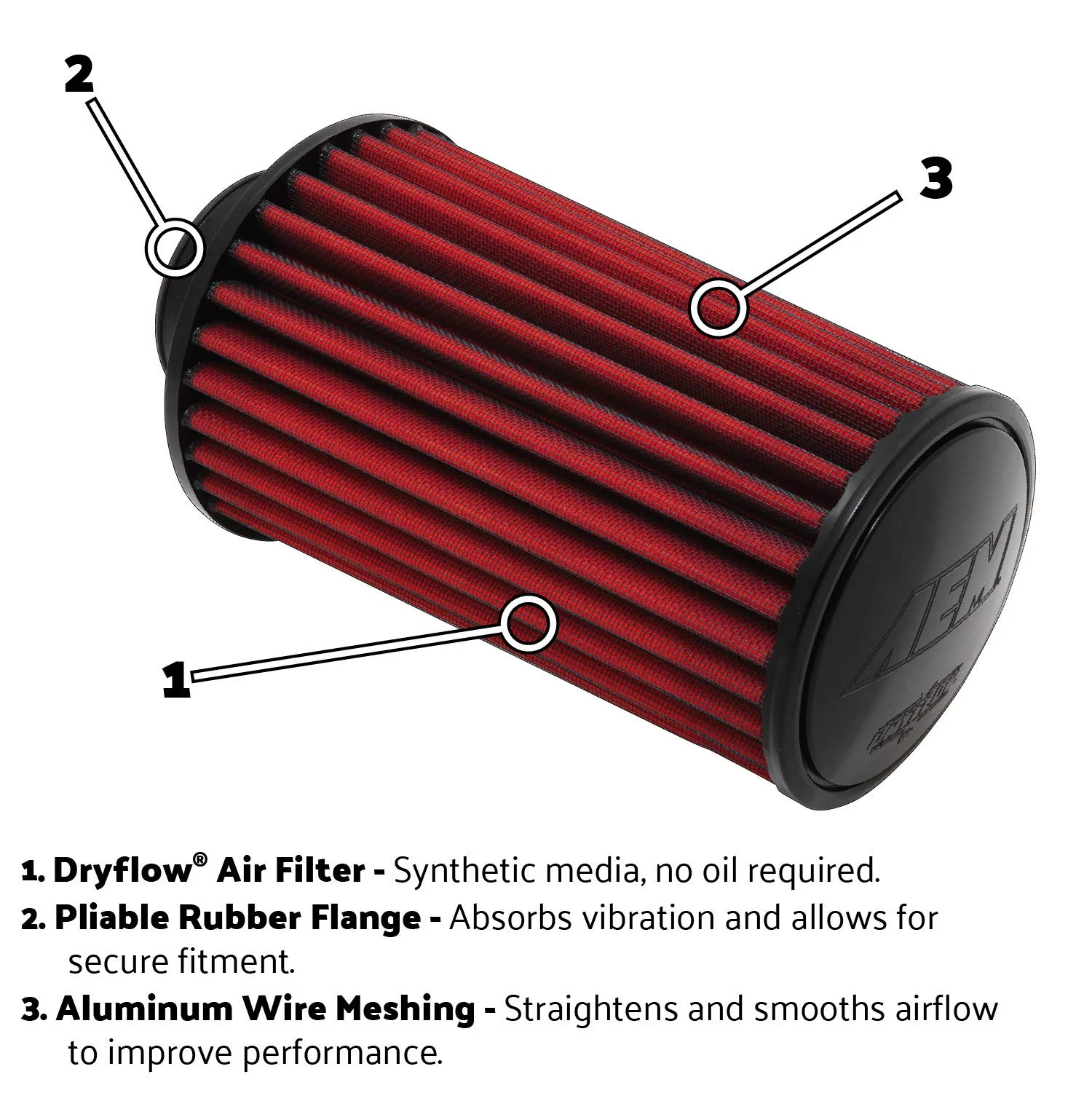 AEM 21-203DOSK Universal DryFlow Clamp-On Air Filter: Round Tapered; 3 in (76 mm) Flange ID; 5 in (127 mm) Height; 5.5 in (140 mm) Base; 4.75 in (121 mm) Top