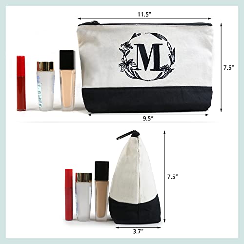 BeeGreen Mother's Day Gifts Personalized Women's Large White and Black Canvas Tote Bag, Embroidered Initials, Leather Handle, Zipper Closure