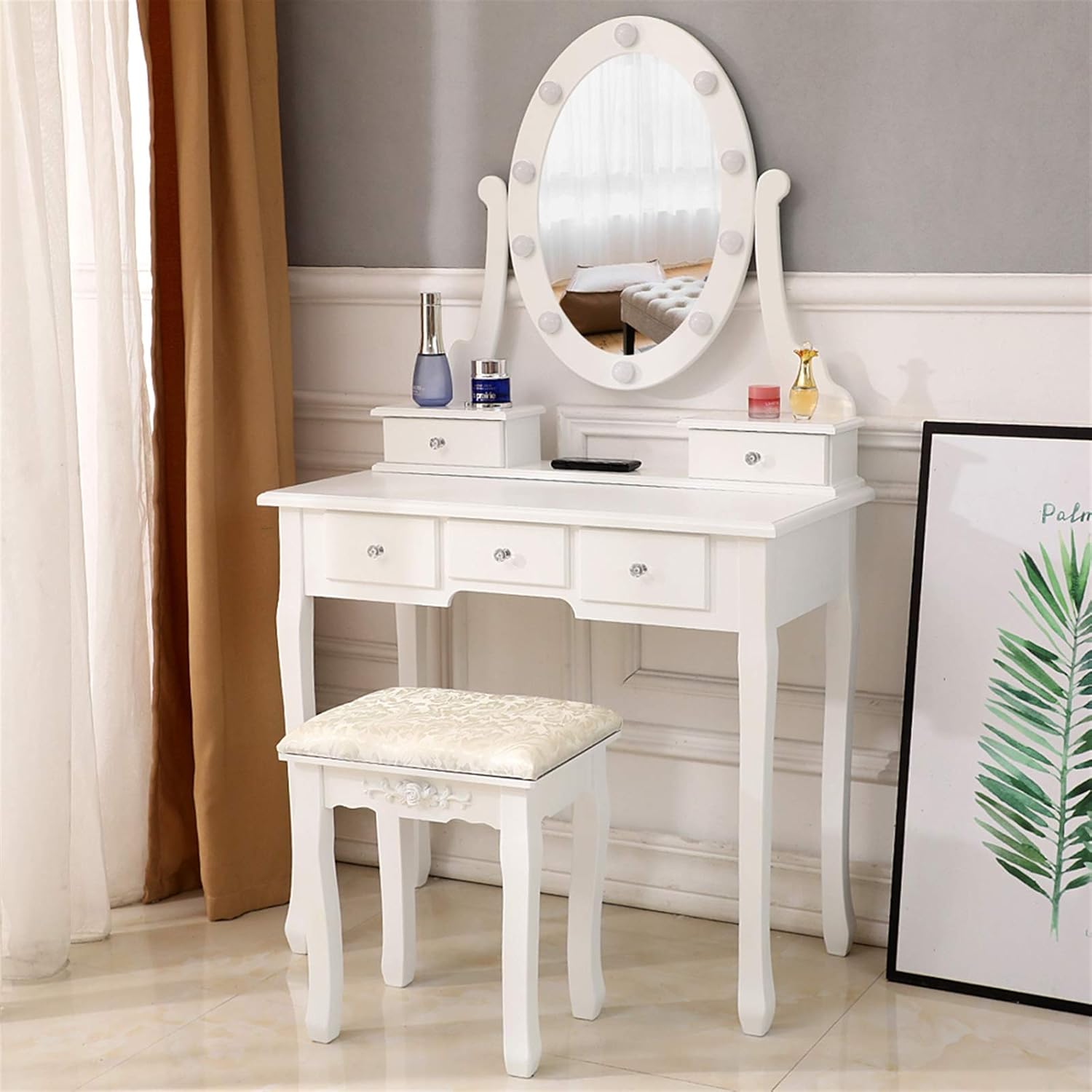 White Lighted Makeup Vanity Set - Makeup Desk with 360° Rotating Oval Mirror and Cushioned Stool - Make-up Vanity Station with Removable Top - Dressing Table with 10 Light Bulbs and 5 Sliding Drawers