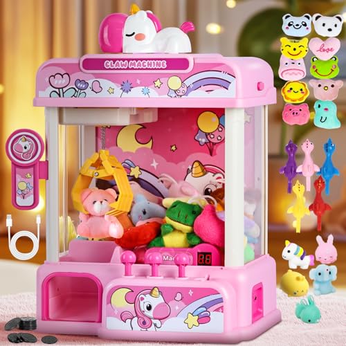 CWLAKON Claw Machine for Kids, Mini Vending Machine Girls Unicorn Toys with Sound & 20 Mini Toys, Candy Grabber Prize Dispenser Machine Electronic Arcade Games, Christmas Birthday Gifts, Pink