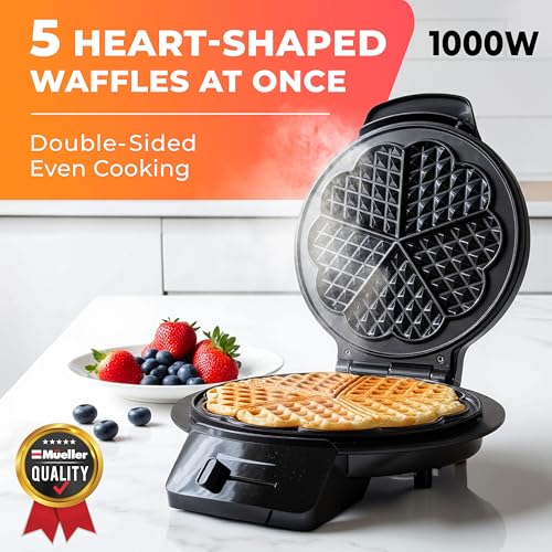 Mueller Heart 5 Waffle Maker, Norwegian Waffle Iron, Adjustable Browning Control & Nonstick, Cool Touch Handle, Easy to Clean, Small Kitchen Appliances