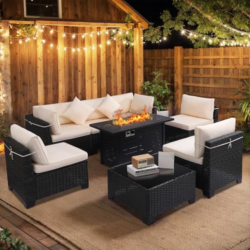 KIGOTY Patio Furniture Set 7 Pieces Conversation Sets, Outdoor Sectional Sofa, All-Weather PE Rattan Modular Sofa with Cushions and Glass Coffee Table（Coffee/Dark Blue,C）