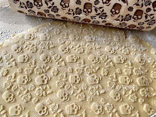 SKULL WREATH Embossing Rolling Pin with SKULLS, Spooky, Death's-head, Halloween Sugar. Laser Engraved Dough Roller for Embossing Homemade Halloween Cookies by Algis Crafts