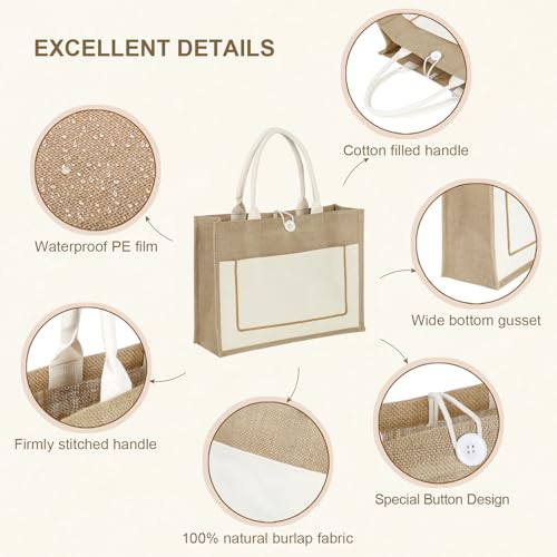 10 Pack Reusable Jute&Canvas Tote Bags Bulk with Handles, 16.54 x 12.6 x 5.51 inch Natural Blank Gift Burlap Tote bags for Grocery Shopping Weddings Travel Beach,Bachelorette Parties & DIY Embroidery