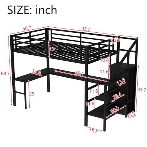 Full Loft Bed with Desk - Metal Gaming Bed with L-shaped Desk, USB, Wardrobe & Adjustable Shelf, High Loft Bed with Safety Guardrails & Stairs, Space Saving for Bedroom Guest Room Dormitory, Black