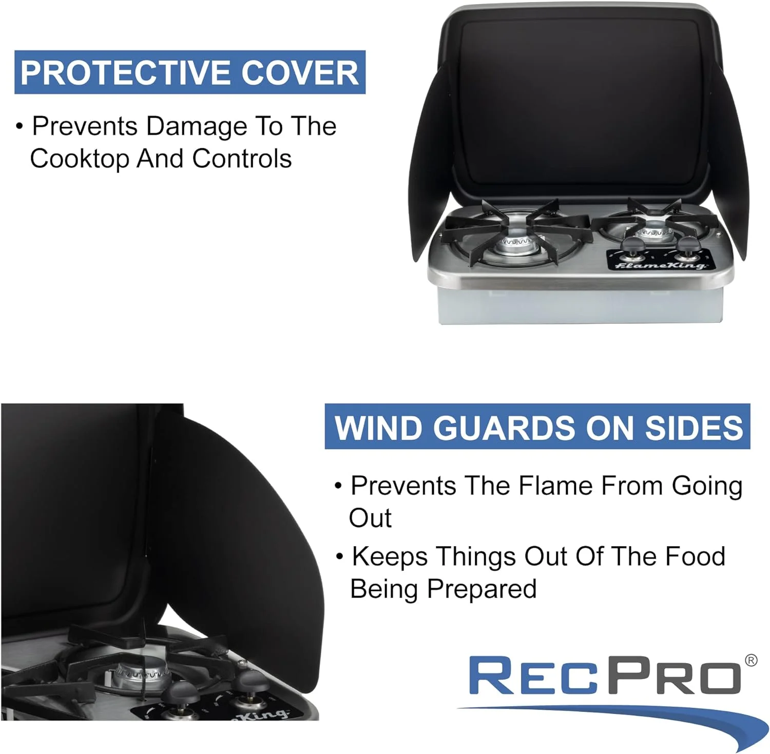 RecPro RV 2 Burner Gas Built-In Cooktop Stove with Cover Hood and Wind Guard | 7200 and 5200 BTU Burners