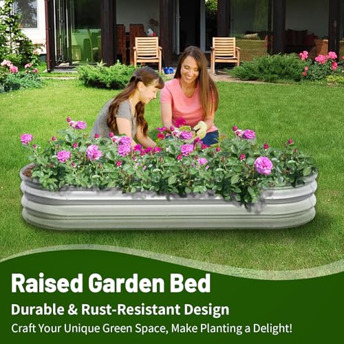 GOOZOO Galvanized Planter Raised Garden Bed, 4x2x1ft Raised Garden Bed Kit for Gardening Outdoor, Oval Metal Land Planter Box for Vegetables, Fruits, Flowers