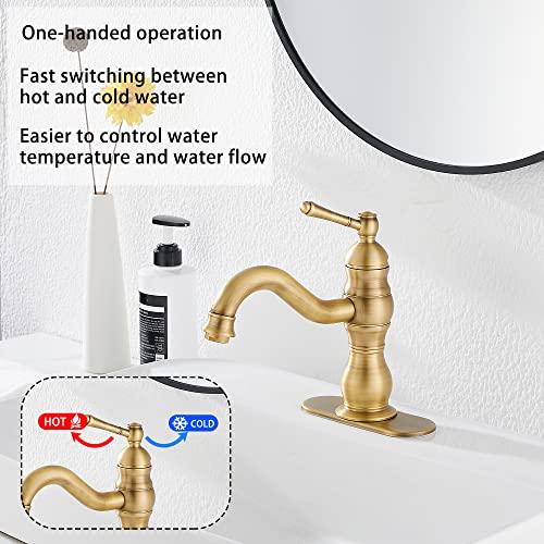 GGStudy 360° Swivel Antique Brass Bathroom Vessel Sink Faucet Single Handle One Hole Matching with Pop Up Drain