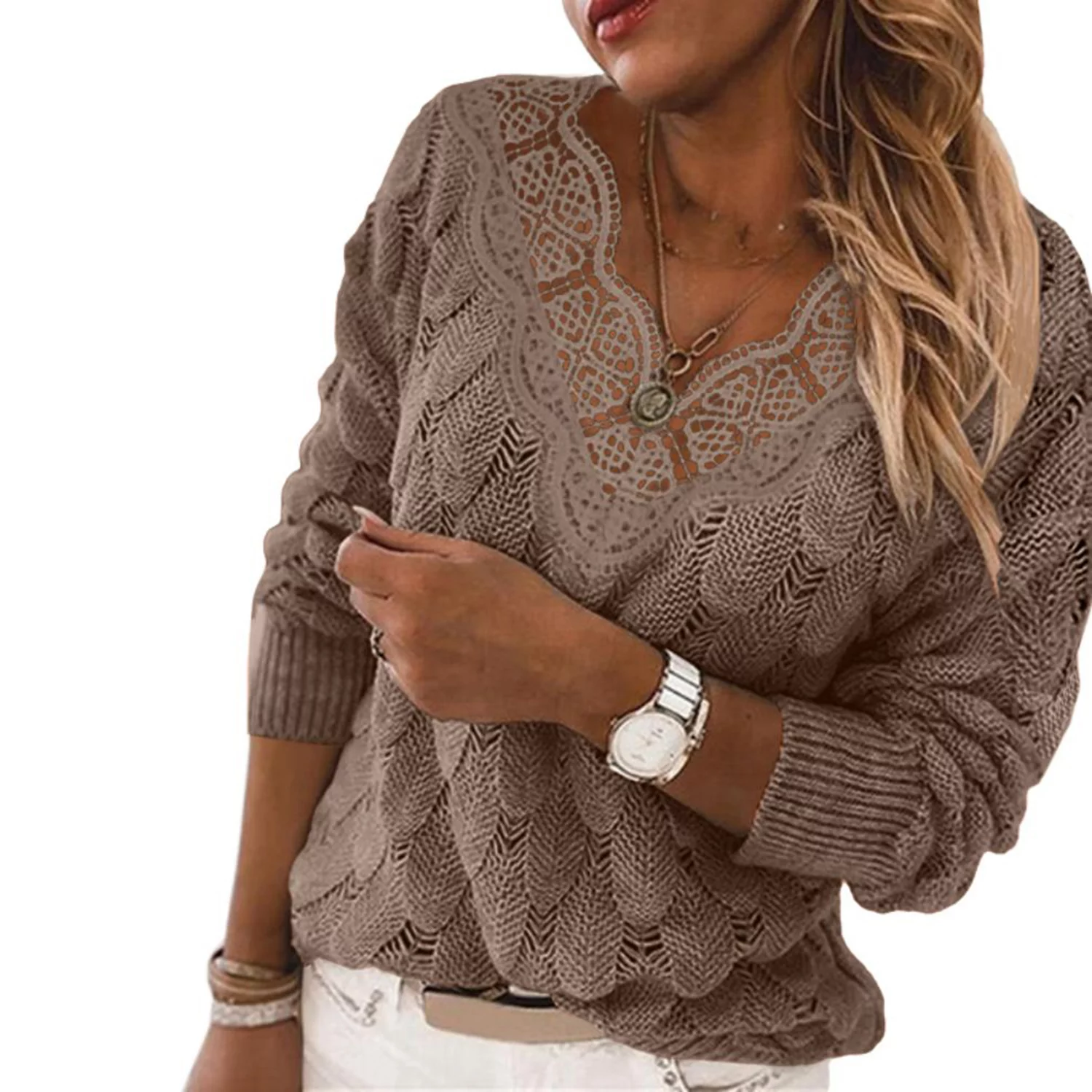 2021 Autumn Fashion Women's Fashion Lace V Neck Long Sleeve Knit Sweaters Ladies Casual Pullovers Sweaters Sweaters Jumpers Tops Plus Size S-5XL