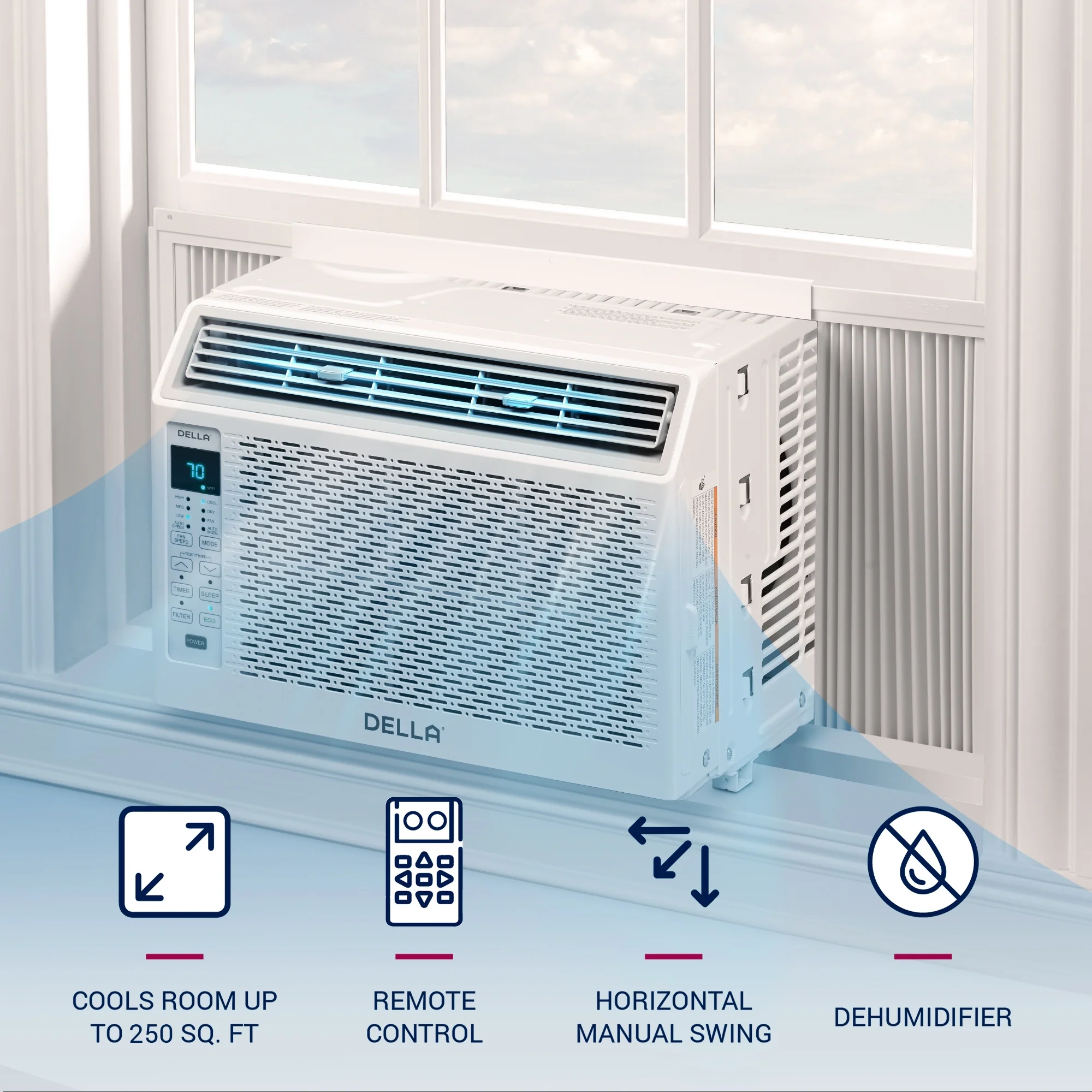 DELLA 6000 BTU Energy Saving Window Air Conditioner, Whisper Quiet AC Unit with Remote Control, Dehumidifier, Fan, Cools Up to 250 Sq. Ft., Reusable Filter, Quiet Operation, Easy Install Kit