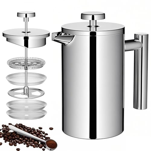 Small French Press Coffee Maker 600ml, Double-Wall Insulated French Press Coffee Press Stainless Steel for travel camping, Included 2 Extra Fliters and 1 Coffee Spoon (2-4cup, 20 OZ)