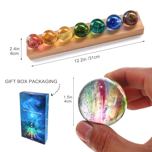 YU FENG 7 Colors 40mm/1.6in Glass Ball Night Light for Meditation with LED Wooden Base 7 Chakra Natural Healing Spheres Decorative Balls