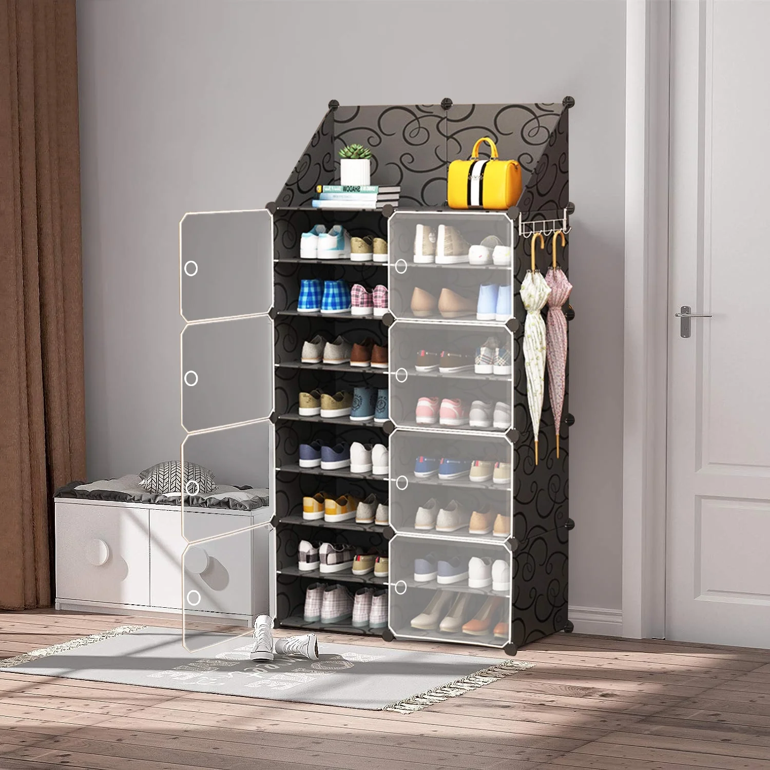 Fiuion Shoe Rack Organizer 8 Tier Shoe Shelf Storage Cabinet Box with Doors Key Holder Portable Shoes Organizer 32 Pair Plastic Shoe Shelves Organizer for Closet Hallway Bedroom Entryway Black