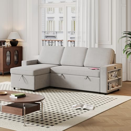 86 INCH Reversible Sleeper Sectional Sofa with Pull Out Couch Bed , Convertible L Shaped Corner Sofa ,Chenille Upholstered Pullout Lounge Sofabed with Chaise ,Cupholders, USB Charging for Living Room