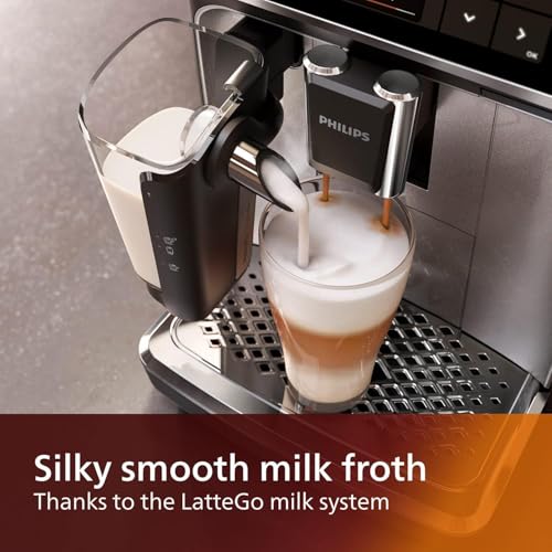PHILIPS 4400 Series Fully Automatic Espresso Machine – 12 Hot & Iced Coffees, Quick-to-Clean LatteGo Milk System, SilentBrew, QuickStart, Ceramic Grinder, Black Chrome (EP4444/90)