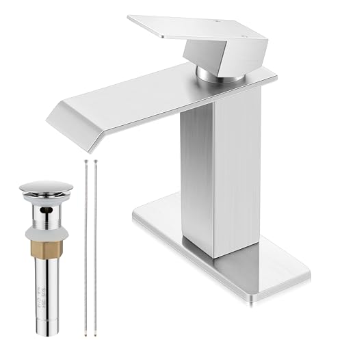 Herogo Bathroom Vessel Sink Faucet, Brushed Nickel Single Handle Tall Waterfall Bathroom Sink Faucet with Pop-up Drain & 2 Supply Lines, for 1 Hole Lavatory Bowl