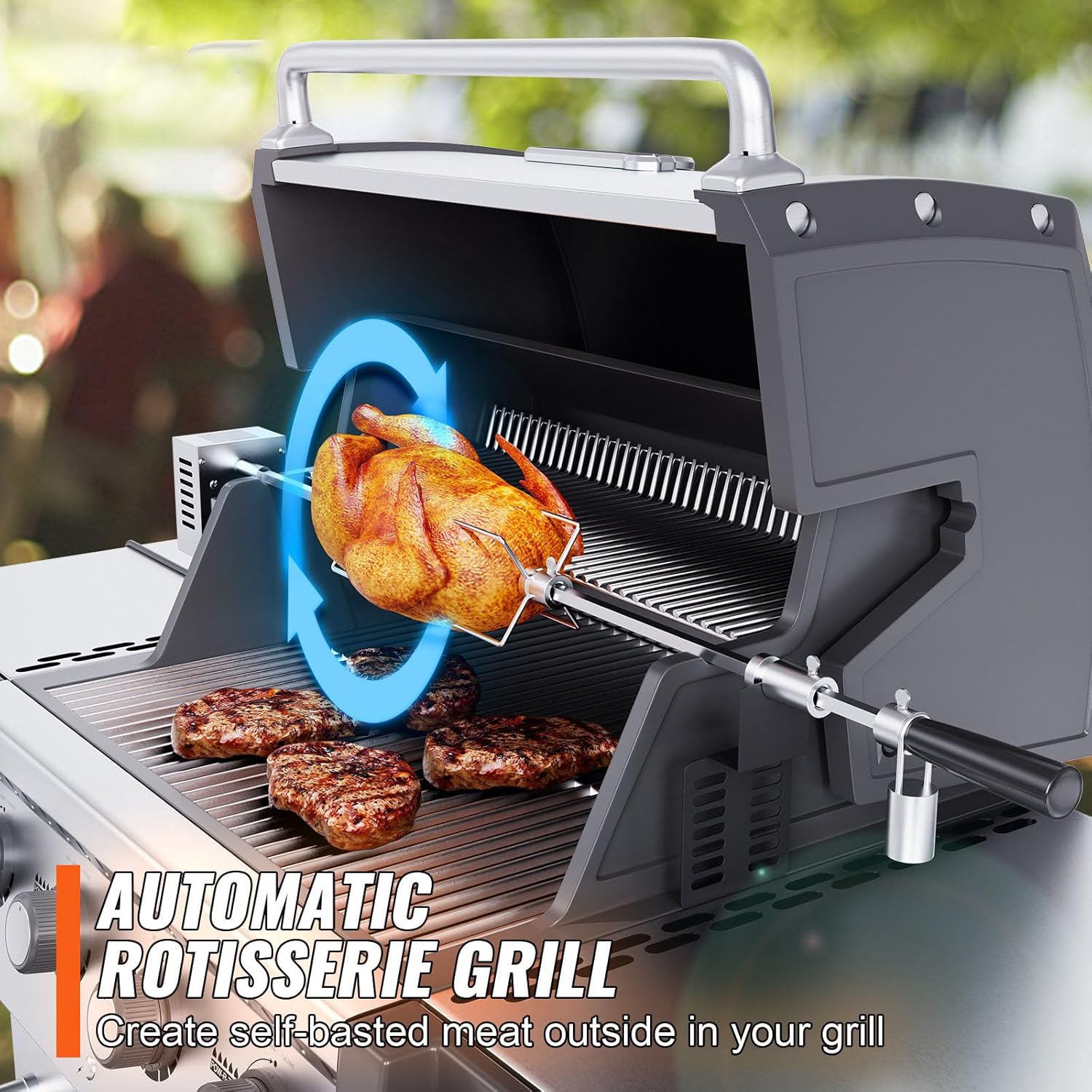 Heavy Duty Stainless Steel Grill Rotisserie Kit with 9W Motor - Automatic Grilling Attachment for Electric Bbq Grill - 32-Inch / 39-Inch Hexagon Spit Rod - 26 Lbs Capacity